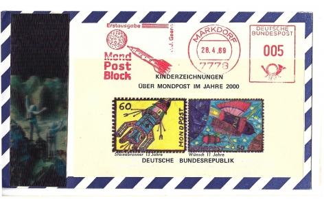 MONDPOST: a German spoof cover, with lenticular print, presenting stamps with children&rsquo;s drawings of &ldquo;moon mail&quot;