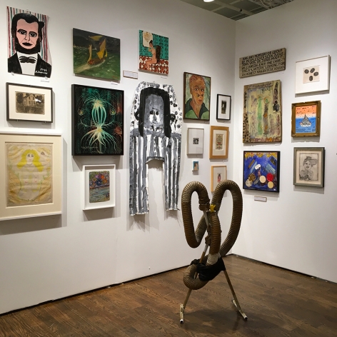 OAF Curated Space:&nbsp;Relishing the Raw: Contemporary Artists Collecting Outsider Art, Outsider Art Fair New York 2020 (installation view)., Photo by Paul Laster.